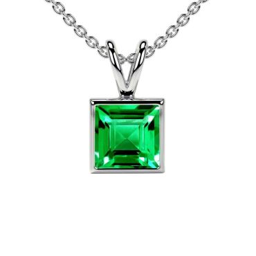 Lab Grown Emerald Square Solitaire Classic Bezel 14 KT White Gold Pendant