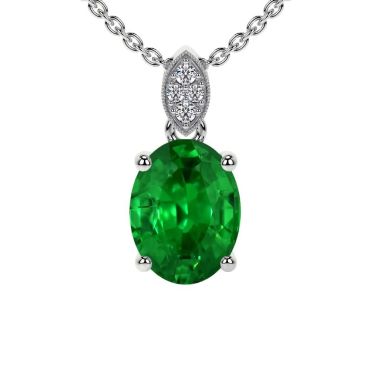 Lab Grown Emerald Oval Diamonds Round 14 KT White Gold Pendant