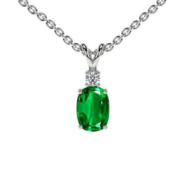 Lab Grown Emerald Elongated Cushion 14 KT White Gold Pendant with Round Diamond