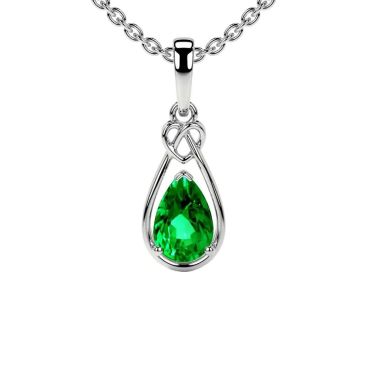 Lab Grown Emerald Pear Solitaire Heart Knot 14 KT White Gold Pendant