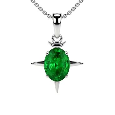 Lab Grown Emerald Round Prong Set Solitaire 14 KT White Gold Pendant