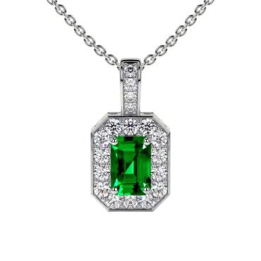 Lab Grown Emerald Emerald Cut Classic Halo 14 KT White Gold Pendant