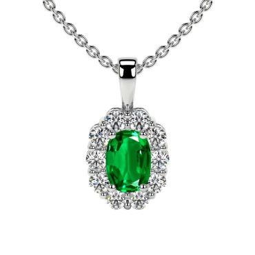 Lab Grown Emerald Elongated Cushion Halo 14 KT White Gold Pendant