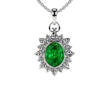 Lab Grown Emerald Oval Solitaire 14 KT White Gold Pendant