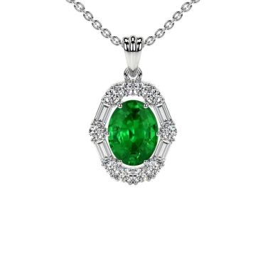 Lab Grown Emerald Prong Set Round And Straight Baguette Diamonds Halo 14 KT White Gold Pendant