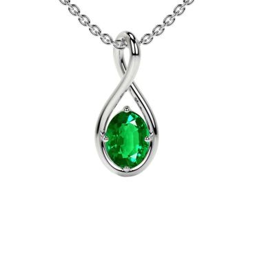 Lab Grown Emerald Oval Cut Solitaire Twist 14 KT White Gold Pendant