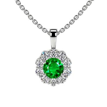 Lab Grown Emerald Round Halo Pendant 14 KT White Gold