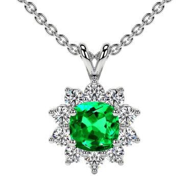 Lab Grown Emerald Square Cushion Halo Diana 14 KT White Gold Pendant