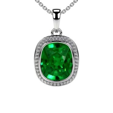Lab Grown Emerald Rect. Cushion Bezel Set Solitaire 14 KT White Gold Pendant
