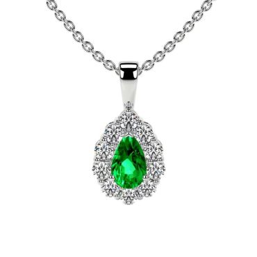 Lab Grown Emerald Pear Halo 14 KT White Gold Pendant