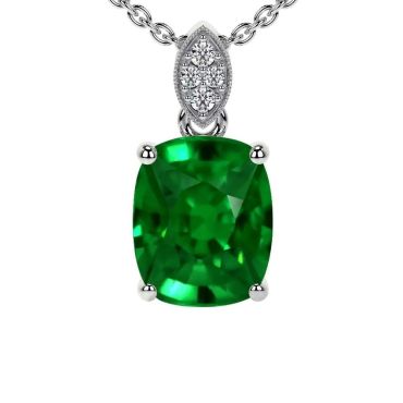 Lab Grown Emerald Rect. Cushion Round Diamonds 14 KT White Gold Pendant