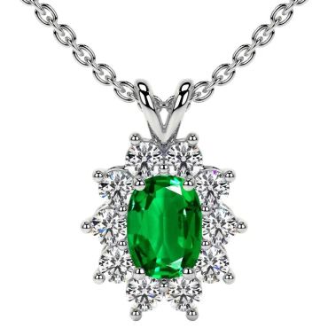 Lab Grown Emerald Elongated Cushion Halo Diana 14 KT White Gold Pendant