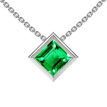 Lab Grown Emerald Square Solitaire Bezel 14 KT White Gold Pendant