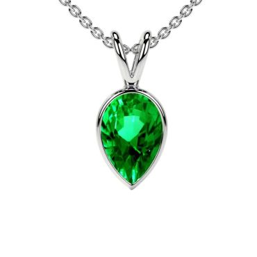 Lab Grown Emerald Pear Solitaire Classic Bezel 14 KT White Gold Pendant
