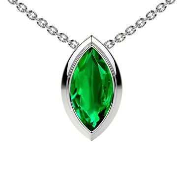 Lab Grown Emerald Marquise Solitaire Bezel 14 KT White Gold Pendant