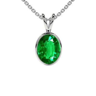Lab Grown Emerald Oval Cut Solitaire Classic Bezel 14 KT White Gold Pendant
