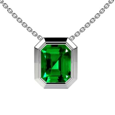 Lab Grown Emerald Emerald Cut Solitaire Bezel 14 KT White Gold Pendant