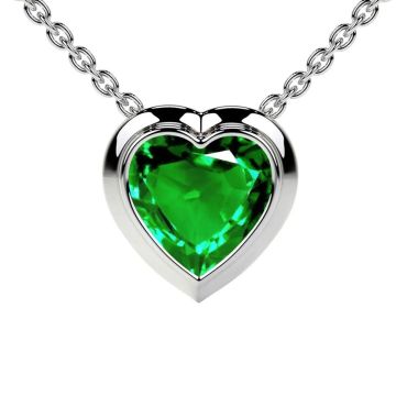 Lab Grown Emerald Heart Solitaire 14 KT White Gold Bezel Pendant