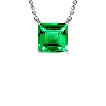 Lab Grown Emerald Square Classic Solitaire 14 KT White Gold Pendant