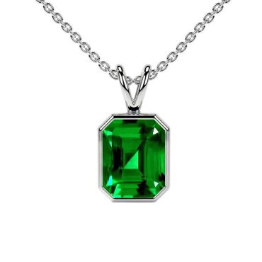 Lab Grown Emerald Emerald Cut Solitaire Classic Bezel 14 KT White Gold Pendant