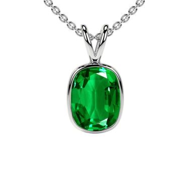 Lab Grown Emerald Elongated Cushion Solitaire Classic Bezel 14 KT White Gold Pendant