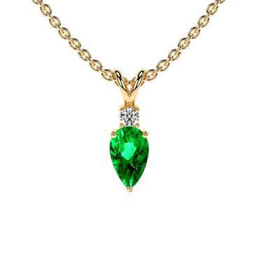 Lab Grown Emerald Pear Pendant with 14 KT Yellow Gold Round Diamond