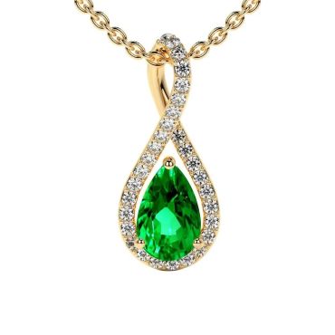Lab Grown Emerald Pear Twist 14 KT Yellow Gold Pendant with Diamonds
