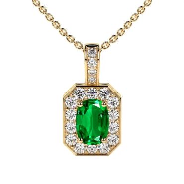 Lab Grown Emerald Elongated Cushion Classic Halo 14 KT Yellow Gold Pendant