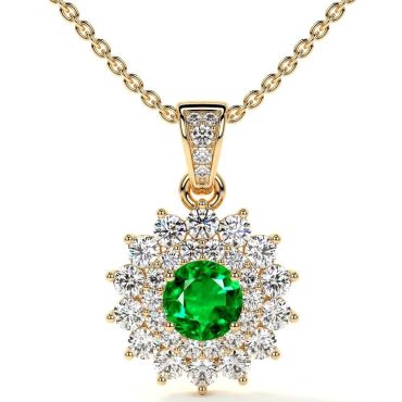 Lab Grown Emerald Round Starburst Halo 14 KT Yellow Gold Pendant