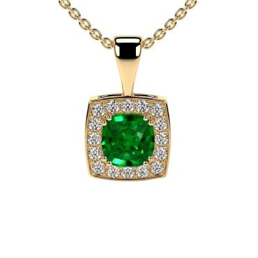 Lab Grown Emerald Square Cushion Cut 14 KT Yellow Gold Pendant With Round Diamonds