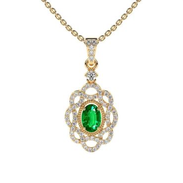 Lab Grown Emerald Oval Cut Designer 14 KT Yellow Gold Pendant