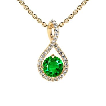 Lab Grown Emerald Round Twist 14 KT Yellow Gold Pendant with Diamonds