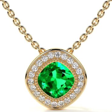 Lab Grown Emerald Square Cushion Halo Bezel 14 KT Yellow Gold Pendant