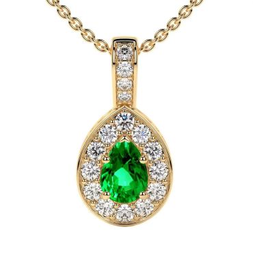 Lab Grown Emerald Pear Classic Halo 14 KT Yellow Gold Pendant