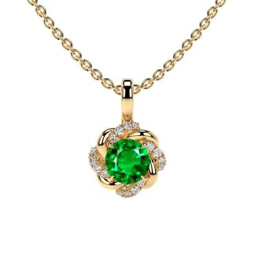 Lab Grown Emerald Round Flower 14 KT Yellow Gold Pendant