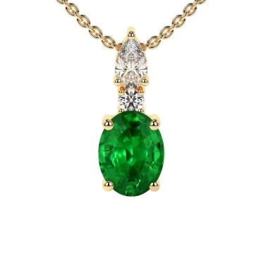 Lab Grown Emerald Oval Cut With Round And Pear Diamonds 14 KT Yellow Gold Pendant