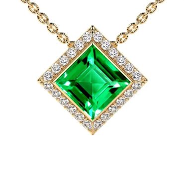 Lab Grown Emerald Square Halo Diamond 14 KT Yellow Gold Pendant