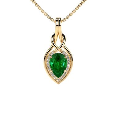 Lab Grown Emerald Pear Round Diamonds 14 KT Yellow Gold Pendant