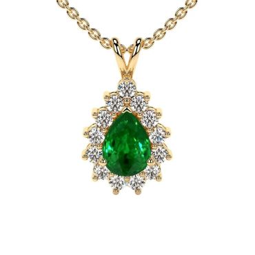 Lab Grown Emerald Pear Shape 14 KT Yellow Gold Pendant With Round Diamonds