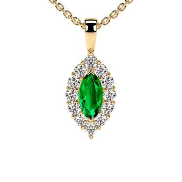Lab Grown Emerald Marquise Halo 14 KT Yellow Gold Pendant