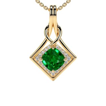Lab Grown Emerald Square Cushion Round Diamonds 14 KT Yellow Gold Pendant