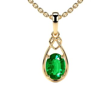 Lab Grown Emerald Oval Cut Solitaire Heart Knot 14 KT Yellow Gold Pendant