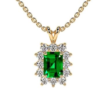 Lab Grown Emerald Emerald Cut Halo Diana 14 KT Yellow Gold Pendant