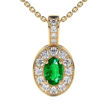Lab Grown Emerald Oval Cut Classic Halo 14 KT Yellow Gold Pendant