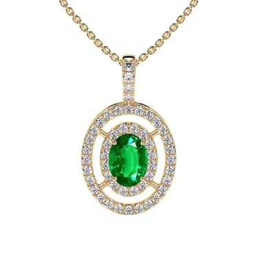 Lab Grown Emerald Oval Cut Double Halo 14 KT Yellow Gold Pendant