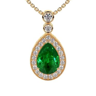 Lab Grown Round Diamonds Pear Emerald 14 KT Yellow Gold Pendant
