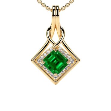 Lab Grown Emerald Cut Emerald Round Diamonds 14 KT Yellow Gold Pendant