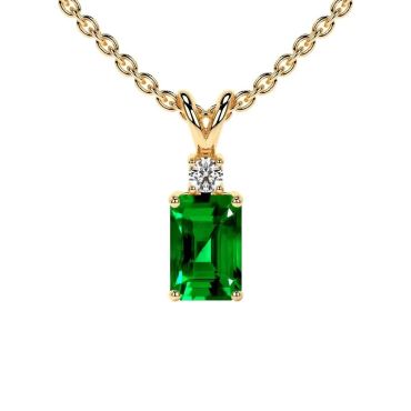 Lab Grown Emerald Emerald Cut 14 KT Yellow Gold Pendant with Round Diamond