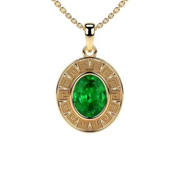 Lab Grown Emerald Oval Astrological Bezel Set 14 KT Yellow Gold Pendant