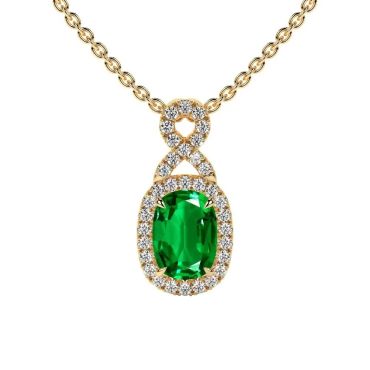 Lab Grown Emerald Elongated Cushion Twist Halo 14 KT Yellow Gold Pendant
